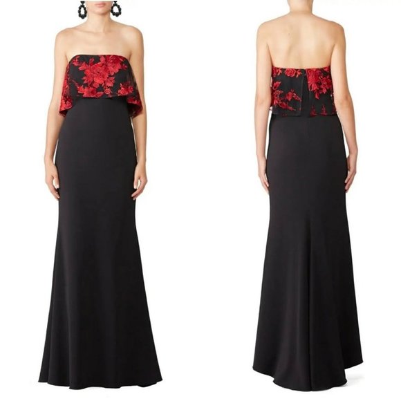 Badgley Mischka Dresses & Skirts - Badgley Mischka Floral Popover Gown in Black Red 4 Womens Long Maxi Dress